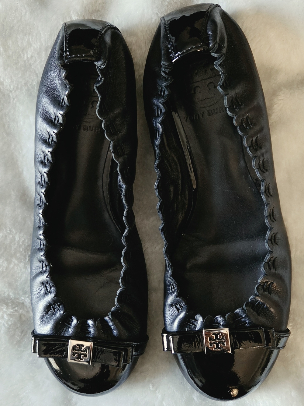 Tory Burch Black Patent and Leather Elastic Ballet Flats